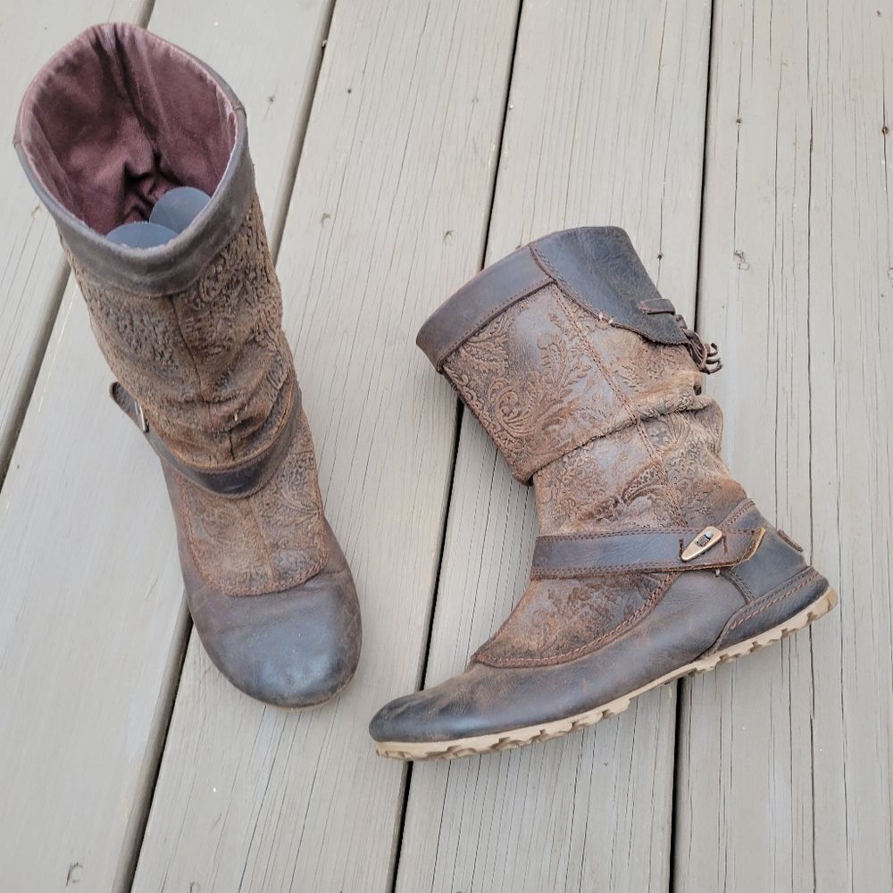 Merrell Haven‎ Embossed Floral Paisley Brown Oiled Leather Mid Calf Boots 7